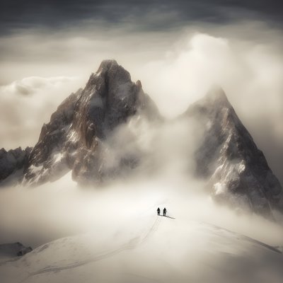 Deux personnes skiant sur une montagne couverte de nuages 2 - Kurt Heppke