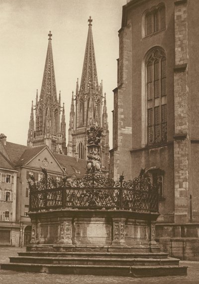 Ratisbonne, La Fontaine (1721) sur la place Neupfarr et la cathédrale - Kurt Hielscher