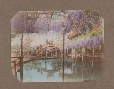 Mensen op een brug, met op de voorgrond bloeiende blauweregen, in Kameido, Tokyo, Japan - Kusakabe Kimbei