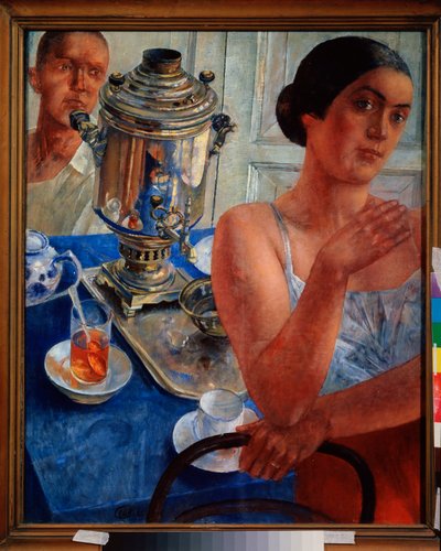 Autour du samovar. (Scène de la vie quotidienne, un couple prend le thé). Peinture de Kuzma Sergeyevich Petrov Vodkin (Petrov-Vodkin) (Kouzma Petrov Vodkine) (Petrov-Vodkine) (1878-1939) - Kuzma Sergeevich Petrov Vodkin