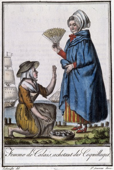 Femme de Calais achetant des coquillages - dans « Encyclopédie des voyages » par J. Grasset St Sauveur, Deron, Paris - L.F. Labrousse