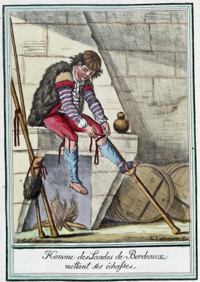 Homme des Landes de Bordeaux mettant ses échasses - L.F. Labrousse