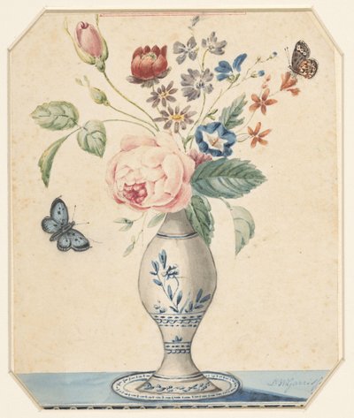 Petit vase avec des fleurs et un papillon bleu - L.W. Garrison