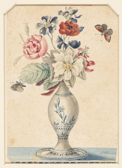 Petit vase avec fleurs et papillon gris-jaune - L.W. Garrison