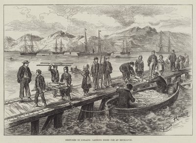 Croquis en Islande, débarquement de morue séchée à Reykjavik - L. Huard