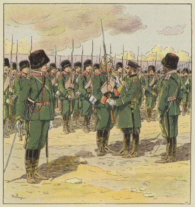 Le général Kouropatkine passe en revue les troupes après la bataille de Kin-Tcheou - L. Malespine