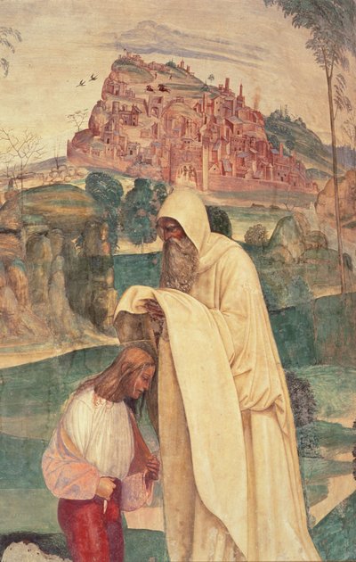 Vie de Saint Benoît, Scène 4 : Le moine Romain habille Benoît - L. Signorelli