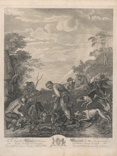 Trois hommes déterrant un terrier de renard, observés avec impatience par des chiens - L. Truchy
