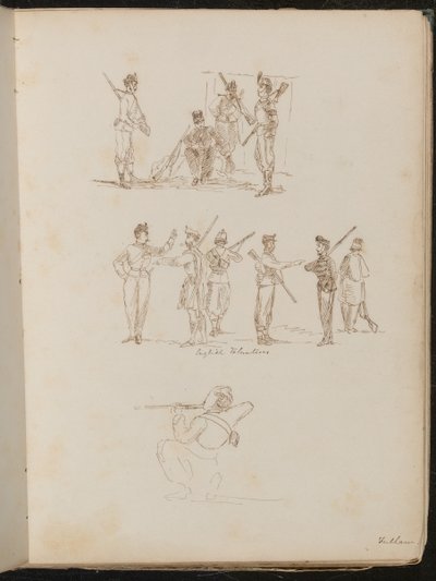 Études de groupes de soldats avec des armes au repos inscrites 