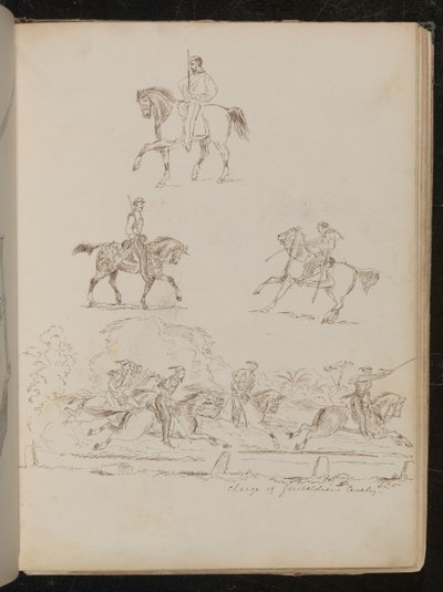 Études de soldats à cheval, la scène de groupe est inscrite 