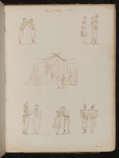 Étude de soldats allumant des cigarettes, trois soldats en conversation, trois études de paires de soldats s