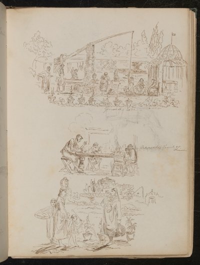 Scène de jardin et de lessive avec des figures féminines inscrites "Puits génois", et une étude de quatre figures inscrites "Famille Manenti à dîner" - Lady Butler