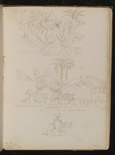 "Une palmeraie à San Remo", une calèche devant "une porte à San Remo", une figure féminine à cheval - Lady Butler