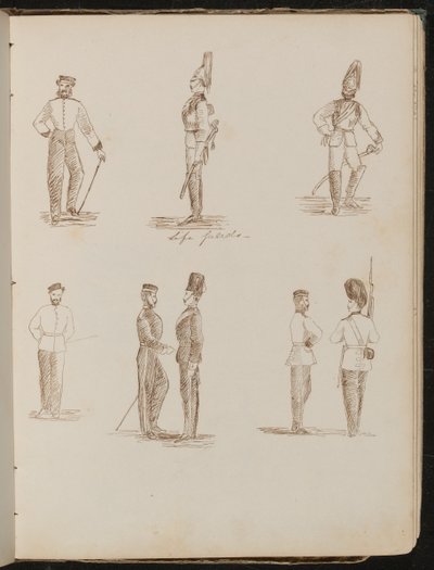 Huit études de soldats debout en uniforme, inscrites "Gardes de la Vie" - Lady Butler