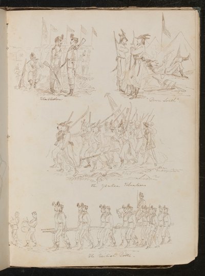 Quatre scènes de bataillon inscrites "Wimbledon", "Down South", "The Yankee Volunteers", "The British Ditto" avec une variété de types de soldats - Lady Butler