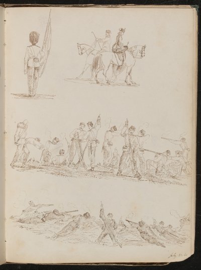 Quatre études de soldats, femmes à cheval et batailles - Lady Butler