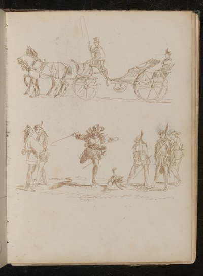 Officier en grande tenue avec haut-de-forme et épaulettes montant dans une calèche tirée par des chevaux, étude de six soldats méditerranéens et d