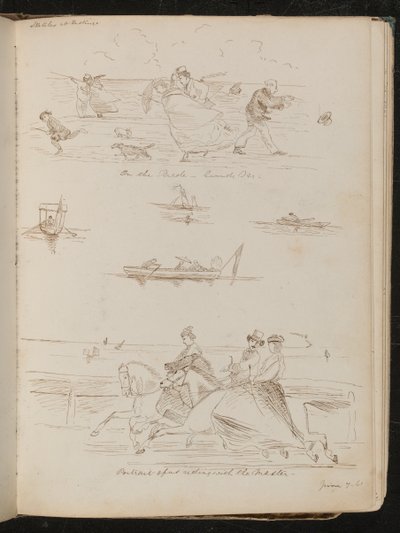 "Sur la Parade, un jour venteux", bateaux avec des excursionnistes, cavaliers inscrits "chevauchant avec le maître" - Lady Butler