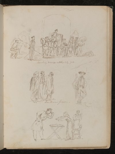 "Fouillant les carrosses à la porte de la ville" et trois études inscrites "Turcs à Gênes" avec une figure masculine fumant, une liseuse de paume avec un soldat - Lady Butler