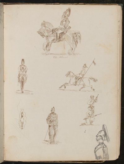 Six études de soldats, un à cheval inscrit "les Bleus", petite étude de cheval de face - Lady Butler