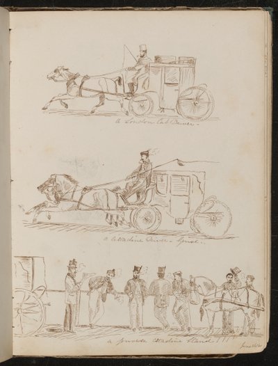 Études de "un cocher de cab londonien", "un cocher de Cittadine - Gênes", et "un stand de Cittadine génois", daté "26 juin 61" - Lady Butler