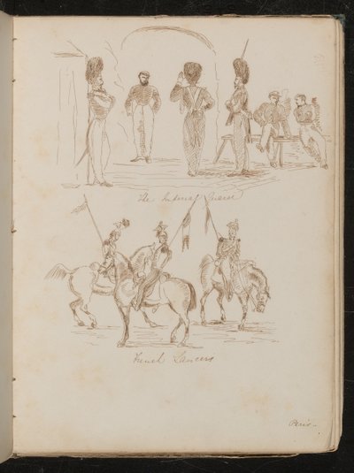 Études de soldats inscrites "Imperial Guards", soldats avec drapeaux à cheval inscrits "French Lancers" - Lady Butler