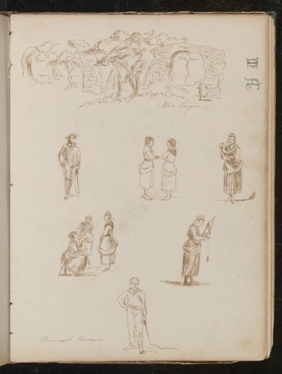 Étude de paysage avec arbres et arches en ruine inscrite "Près de Fréjus", six études de figures inscrites "Paysans provençaux?" - Lady Butler