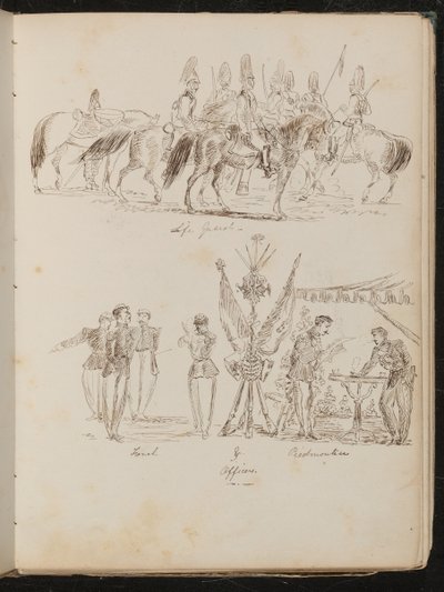 Étude de soldats à cheval inscrite "Life Guards", étude de groupes de soldats avec drapeaux, fumant et buvant - Lady Butler