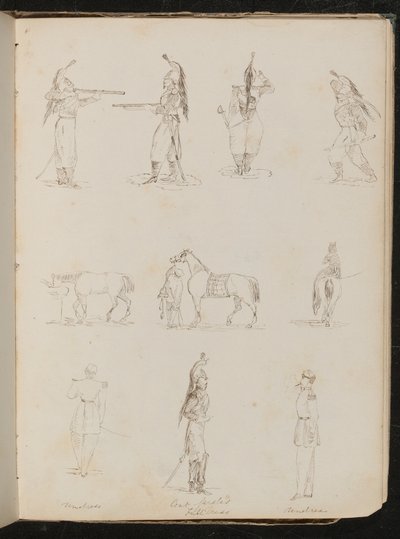 Dix études de soldats, chevaux, femme montant en amazone - Lady Butler