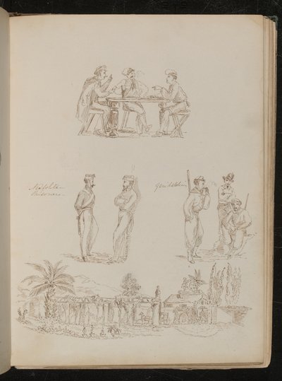 Trois soldats jouant aux cartes, deux "prisonniers napolitains" en conversation, trois "garibaldiens" à l