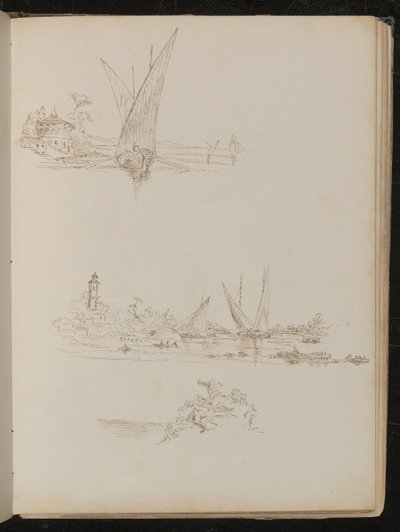 Trois études de navires, bateaux et paysage côtier - Lady Butler
