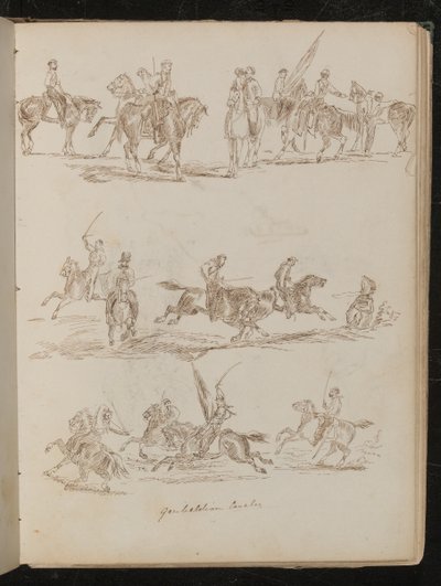 Trois études de soldats à cheval inscrites "Cavalerie garibaldienne" - Lady Butler