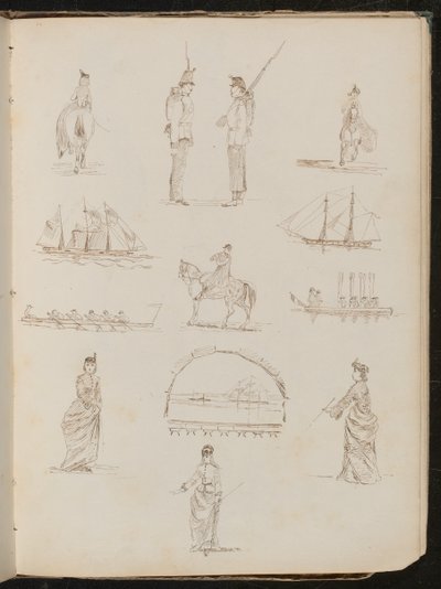 Douze études montrant une femme montant en amazone, des soldats en conversation, des navires, un clairon à cheval - Lady Butler