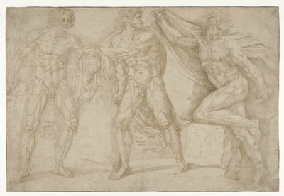 Trois hommes nus dans différentes positions - Lambert Lombard