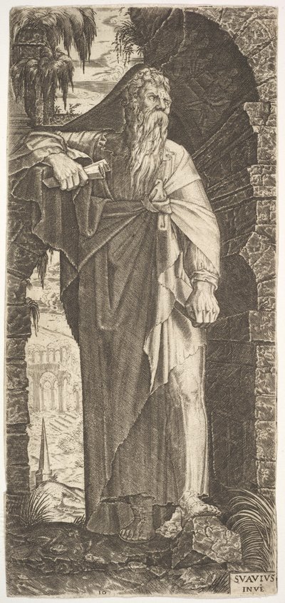 Saint Paul sous une arche envahie par la végétation, son pied gauche posé sur un rocher, sa main droite... - Lambert Suavius