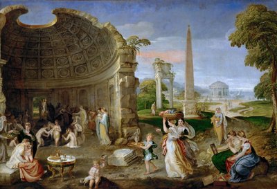 Paysage avec ruines antiques et femmes se baignant - Lambert Sustris
