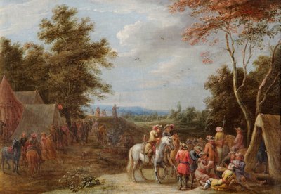 Un campement avec des soldats jouant aux cartes - Lambert de Hondt