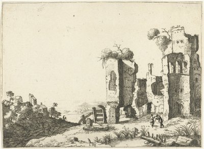 Homme appuyé sur un bâton devant une ruine (Paysages avec bâtiments romains antiques) - Laurens Barata