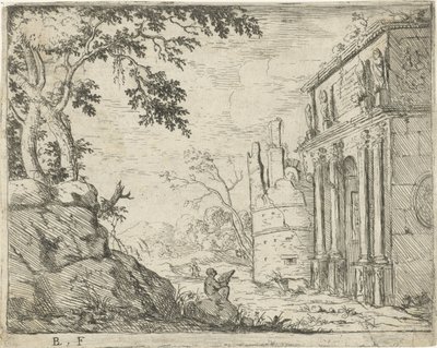 Dessinateur près des ruines d