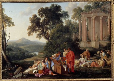 Laban cherche des idoles dans les bagages de Jacob et part avec sa famille dans son pays, mais Laban, son beau-père le rattrape pour récupérer les images des dieux volés que sa femme Rachel avait cachées dans la selle de son cheval - Laurent de la Hyre