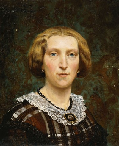 Portrait de Sientje Tadema, petit buste, en robe brune et blanche et châle noir, 1860 - Lawrence Alma Tadema