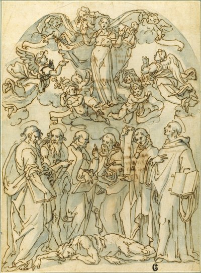 Vierge en gloire avec des saints, dont saint Jean, à leurs pieds - Lazzaro Tavarone