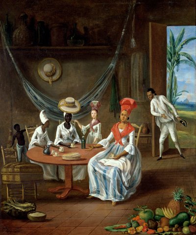 Une femme mulâtre avec sa fille blanche visitée par des femmes noires dans leur maison en Martinique, 1775 - Le Masurier