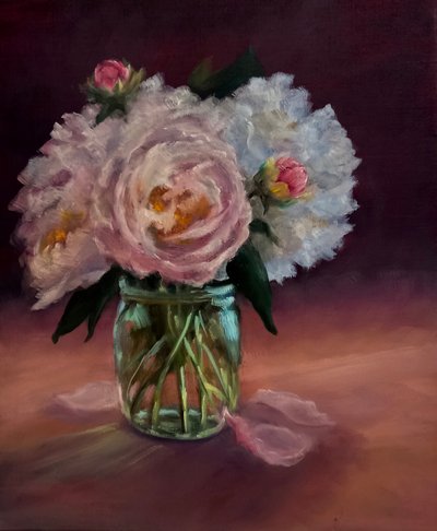 Pivoines dans un pot vert, 2024 (huile sur toile) - Lee Campbell