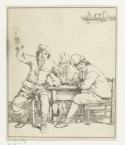 Trois hommes à table fumant et buvant - Leendert Brasser