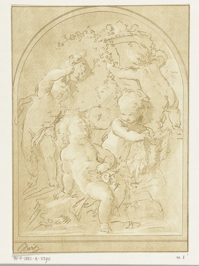 Cinq putti avec des fleurs et des guirlandes près d