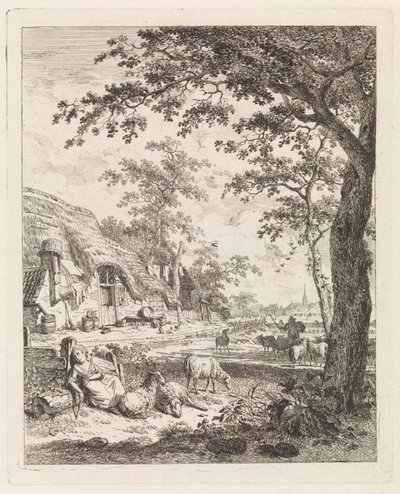 Bergère avec des moutons devant une ferme - Leendert Overbeek