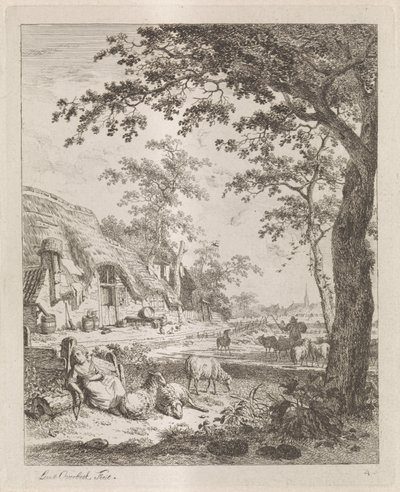 Bergère avec des moutons devant une ferme - Leendert Overbeek