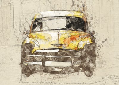 Une voiture jaune classique - Lembayung senja studio [Vintage Poster]