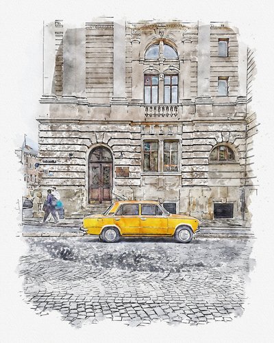Rue des voitures jaunes classiques - Lembayung senja studio [Vintage Poster]